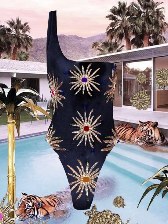 Oceanus Other - One-Shoulder Black Embellished Sunburst One-Piece Swimsuit